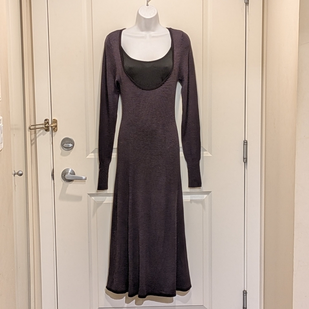 EUC Zara S Super Soft Rayon Stretch Knit Grey and Black Striped Open Bust Dress